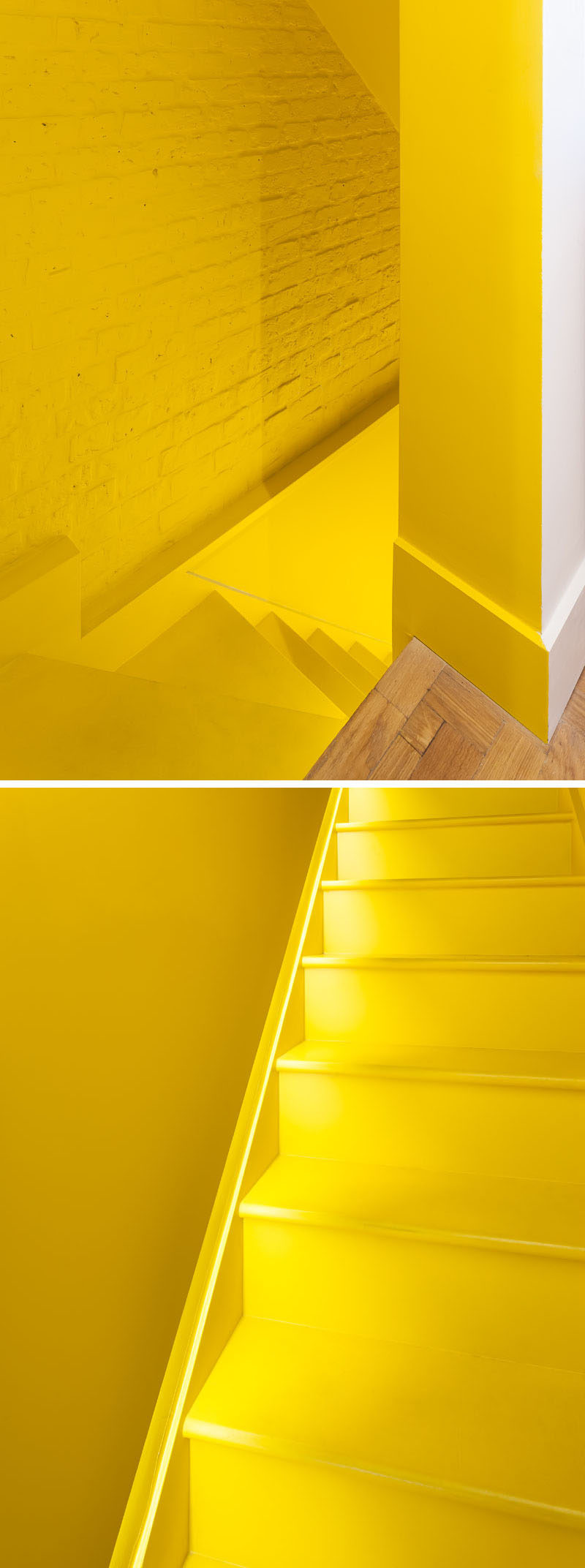 These modern bright yellow stairs have a simple strip of light that runs alongside them to make it easier to see when it's dark. #YellowStairs #Stairs #ModernStairs