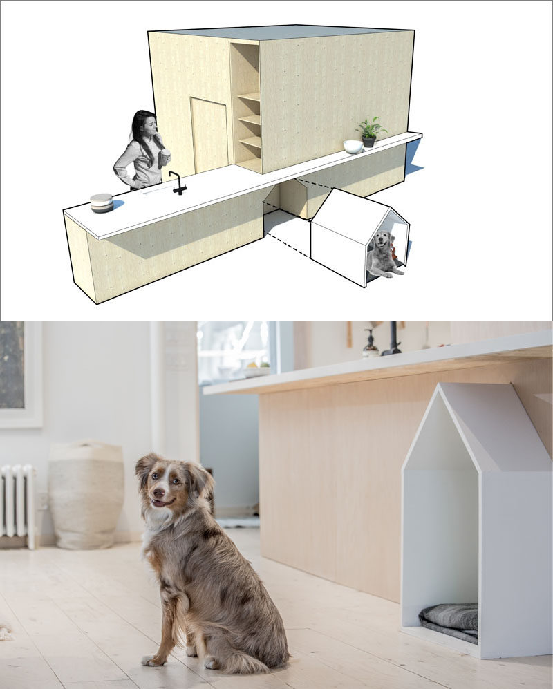 When Studio AC were designing the renovation of a house in Toronto, they made sure to include a design element for the family pup, that consists of a little white dog house built-into the surrounding plywood design element. #DogHouse #BuiltInDogHouse #DogBed #InteriorDesign