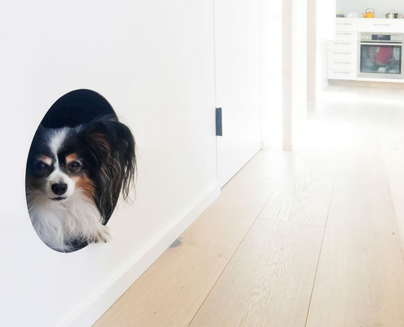 This modern laneway house has a built-in dog bed nook that's been built into the wall and allows the family pet to feel safe, and removes the need for a dog bed on the floor. #BuiltInDogBed #DogBed #InteriorDesign