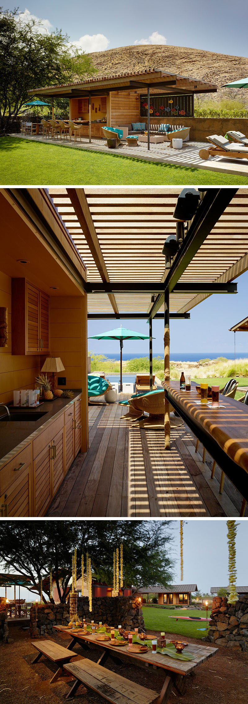 This modern cabana is home to an outdoor lounge area, bar seating and an outdoor kitchen. At the opposite end to the pool, there's an outdoor dining area under the trees. #Cabana #OutdoorEntertaining #Architecture