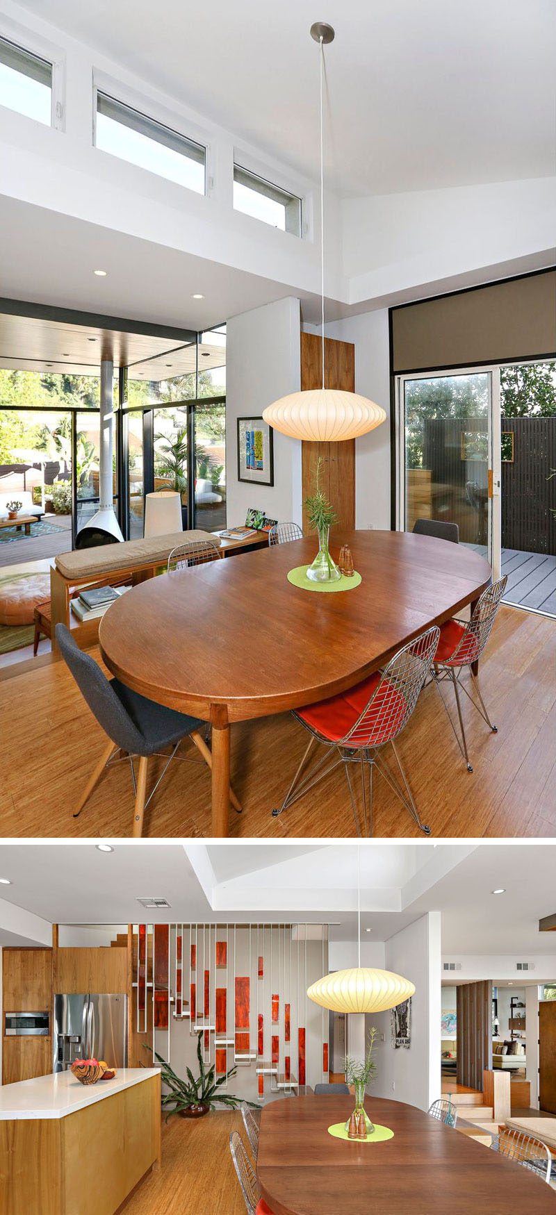 In this contemporary house, the dining room and kitchen sit slightly raised from the living room. Clerestory windows add additional sunlight to the space, while a single pendant light hangs from the ceiling. #DiningRoom #Windows