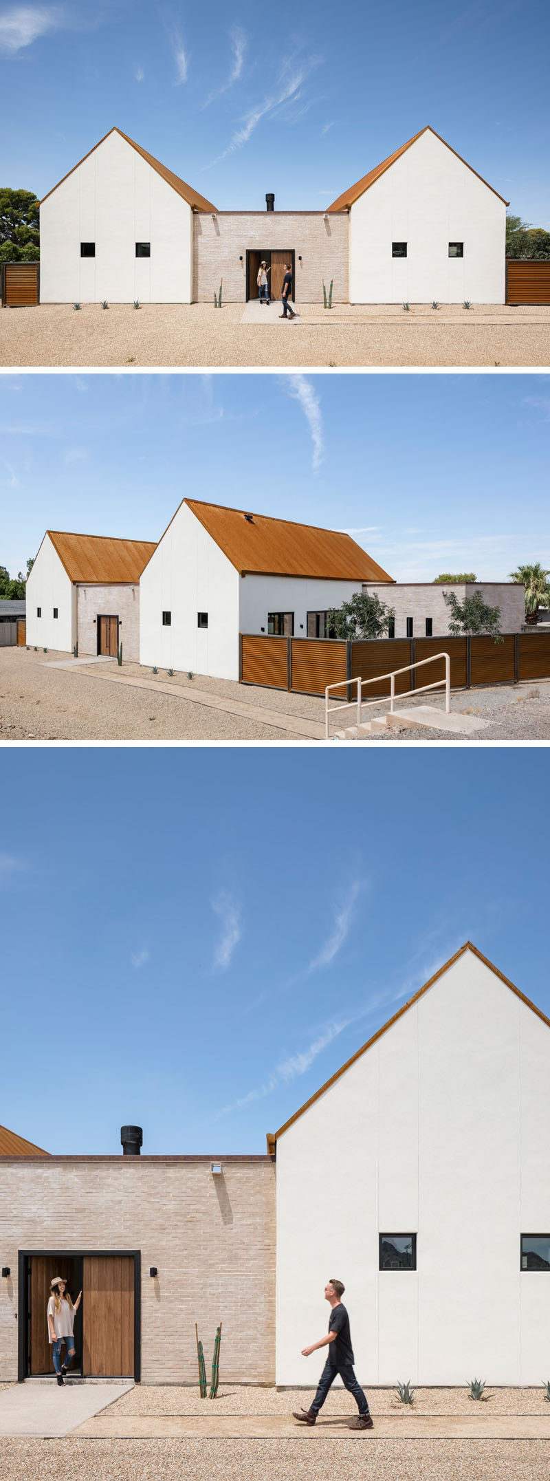 Architecture firm The Ranch Mine, have recently completed a new modern house that sits next to a canal in Phoenix, Arizona, that's been inspired by the forms of the missions in southern Arizona. #ModernArchitecture #CorrugatedRoof #ModernHouse