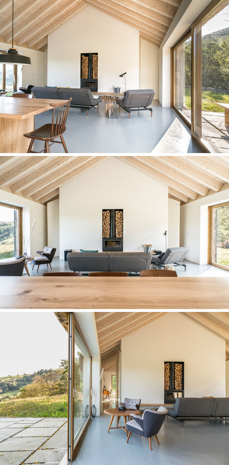 The main area of this contemporary stone cottage with a living room, dining area and kitchen has two large panoramic windows that face opposite directions. #StoneCottage #ContemporaryInterior #WhiteAndWood