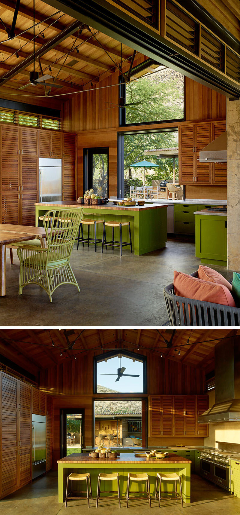 In this contemporary kitchen, green cabinets add a pop of color, while large windows provide ample natural light and let views of the other nearby gathering places be seen. #KitchenDesign #GreenKitchen #Wood