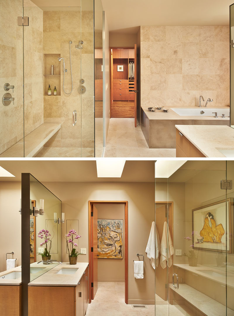 In this contemporary master bathroom, limestone has been used throughout the design, while eucalyptus cabinetry adds warmer touch to the space. #MasterBathroom #BathroomDesign