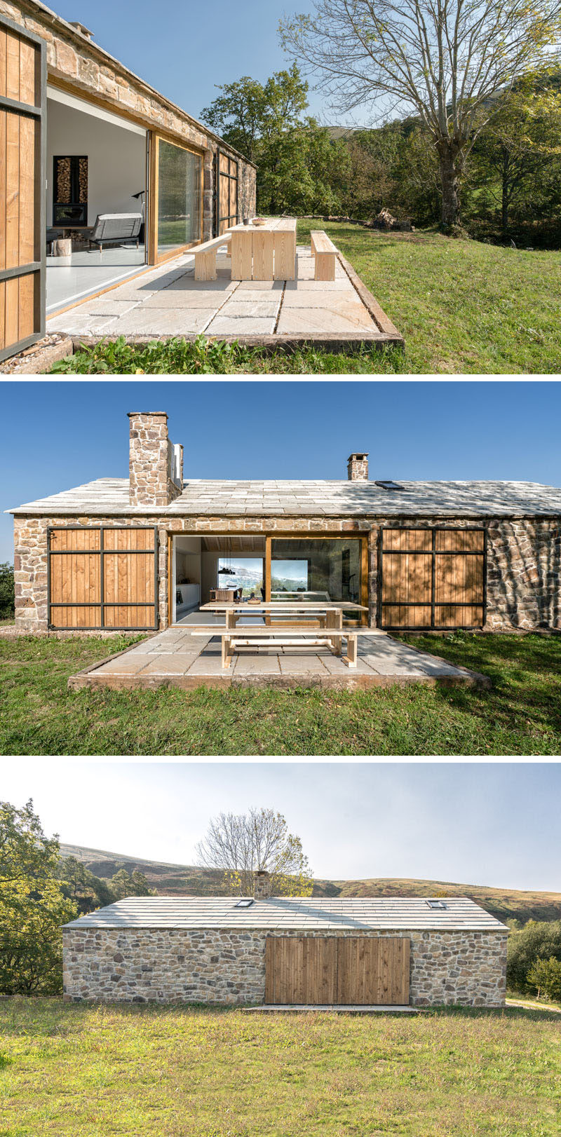 This contemporary stone cottage has an outdoor dining area that opens up a grassy field. Large wood and steel doors can be closed to protect the cottage from the elements, and provide privacy if needed. #StoneCottage #OutdoorDining #ContemporaryCottage