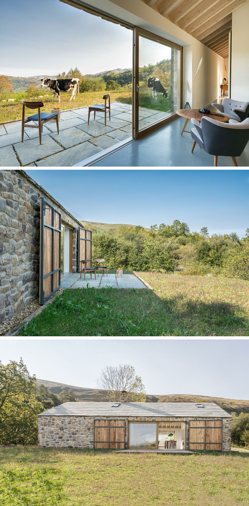 This contemporary stone cottage has a small patio with expansive views of the mountains and valleys in the distance. #StoneCottage #ContemporaryCottage