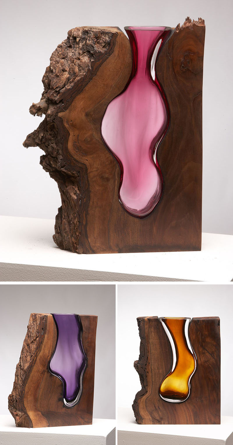 Scott Slagerman Studio collaborated with Jim Fishman to create the Wood and Glass Collection, a group of sculptural pieces that are made from fallen trees and hand blown glass. #Sculpture #Decor #Art