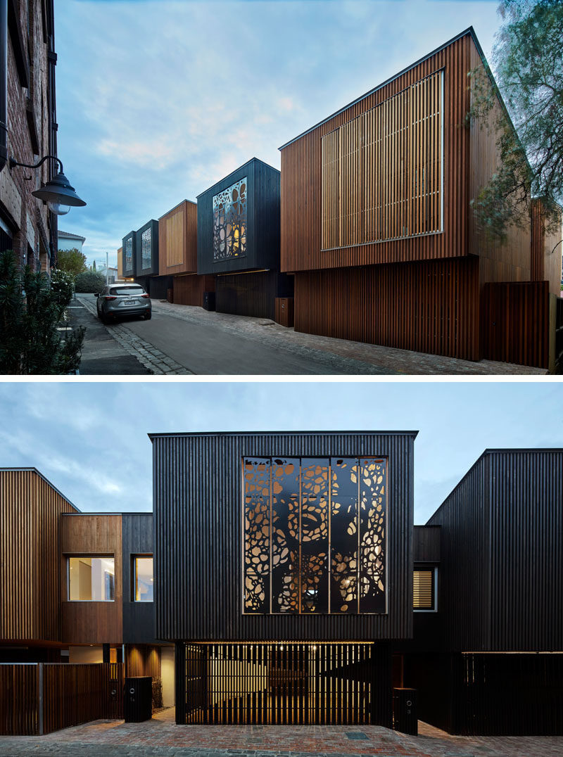 Melbourne Design Studios (MDS) have recently completed a set of six urban townhouses that have either a wood slat or laser cut artistic facade. #Architecture #Art #Facade #LaserCutArt