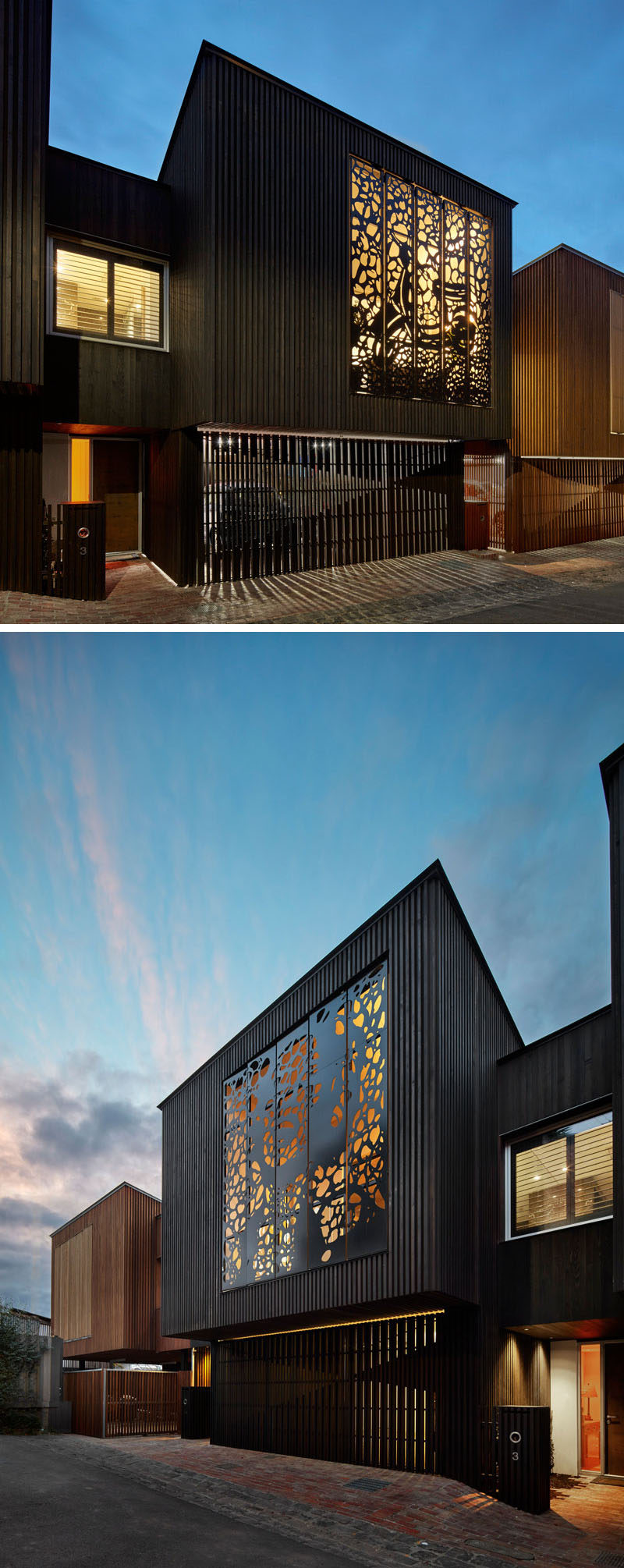 Melbourne Design Studios (MDS) have recently completed a set of six urban townhouses that have either a wood slat or laser cut artistic facade. #Architecture #Art #Facade #LaserCutArt