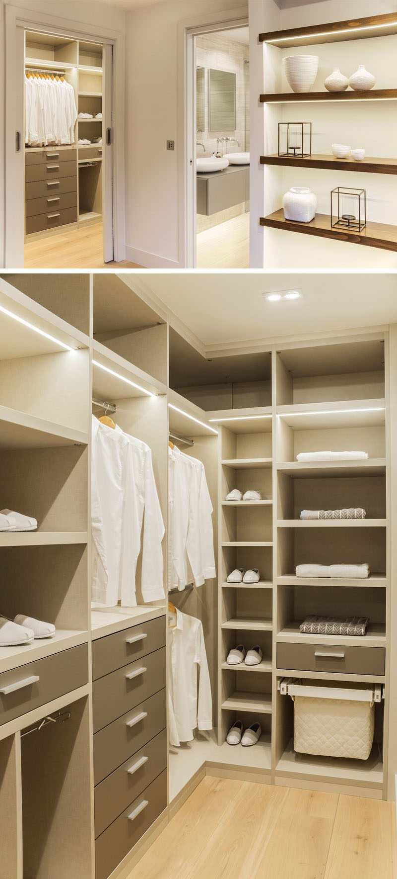 This modern walk-in closet features plenty of floor-to-ceiling storage and bright lighting. #WalkInCloset #Closet #InteriorDesign