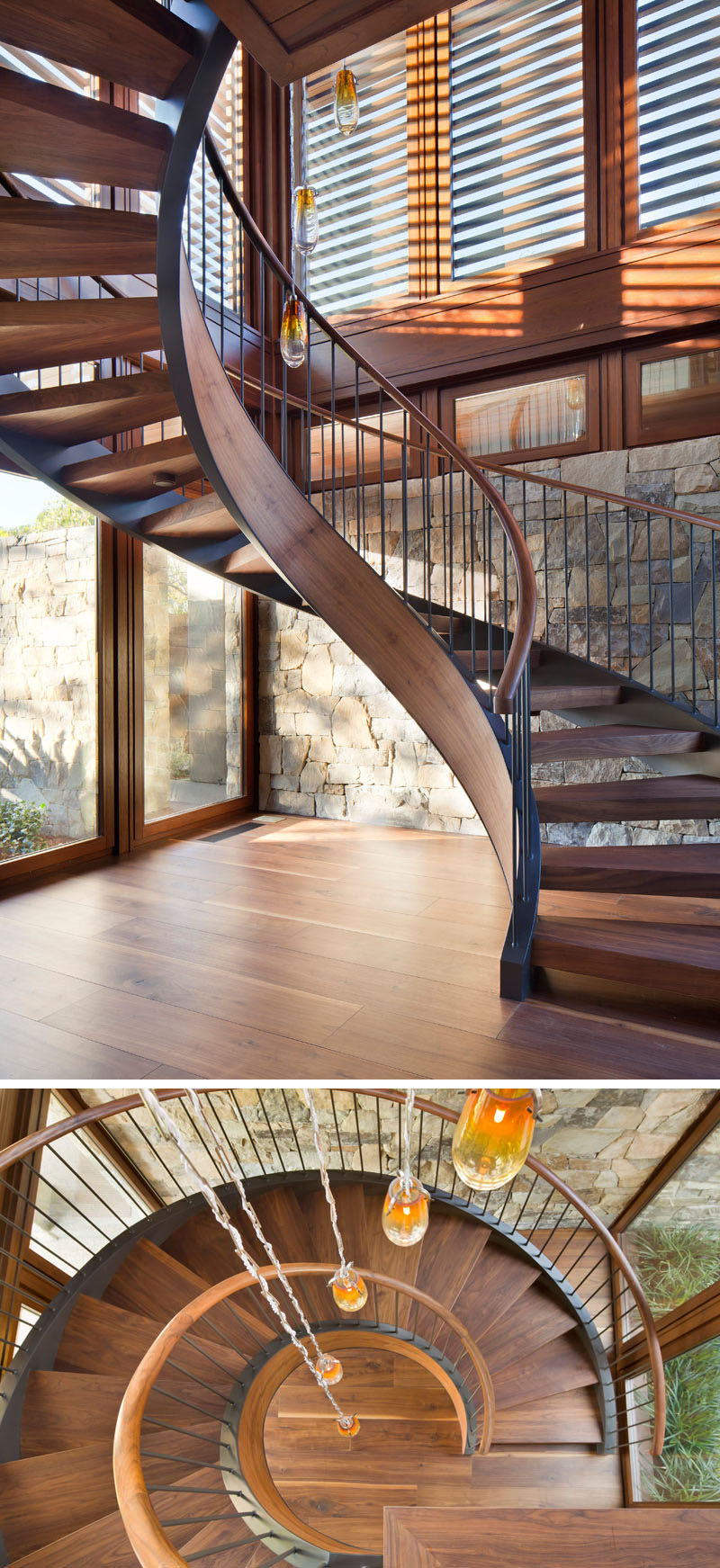 This modern house has a wood and metal spiral staircase that connects the various floors of the home. #SpiralStaircase #StairDesign