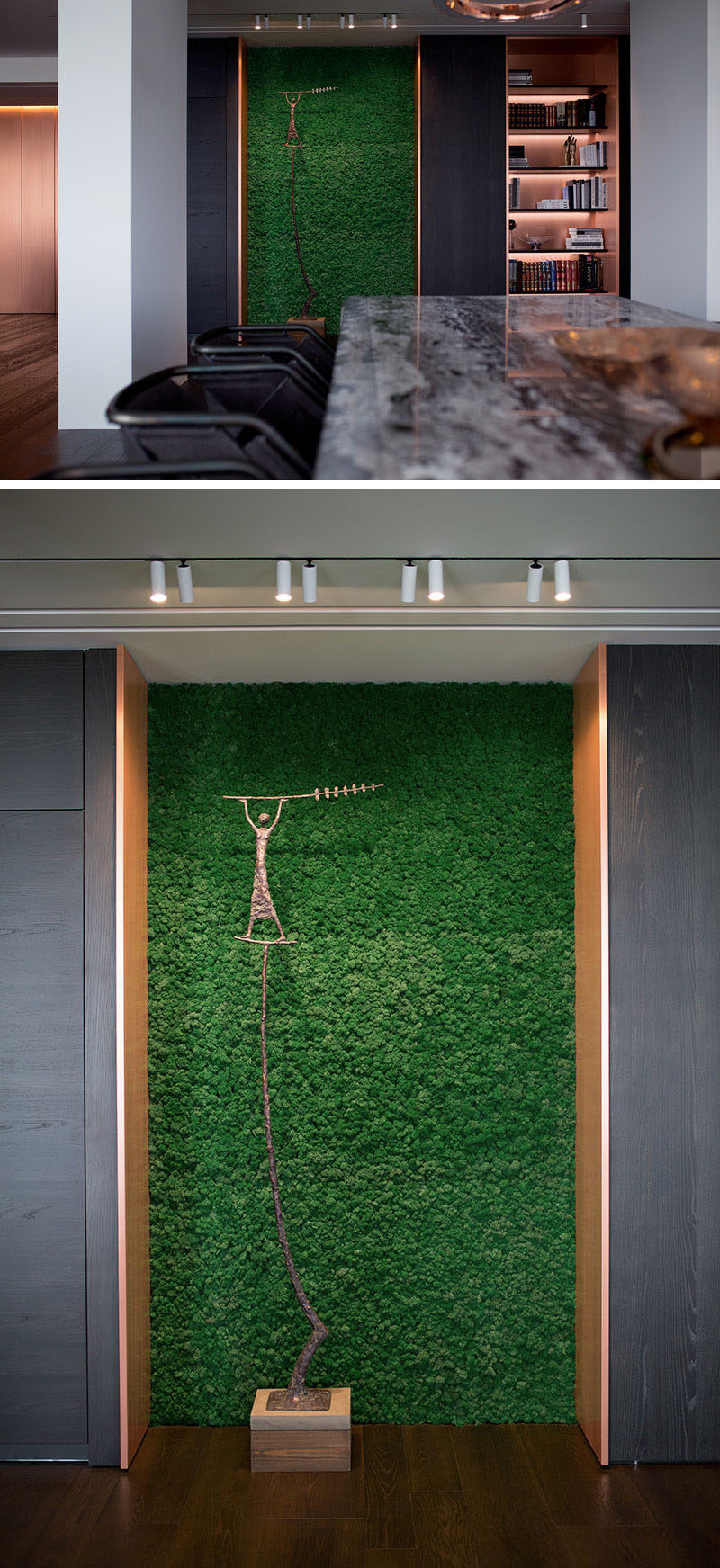 This modern apartment has a copper-lined, built-in bookshelf, and an alcove that's home to a sculpture with a backdrop of a moss wall. #Copper #Bookshelf #InteriorDesign