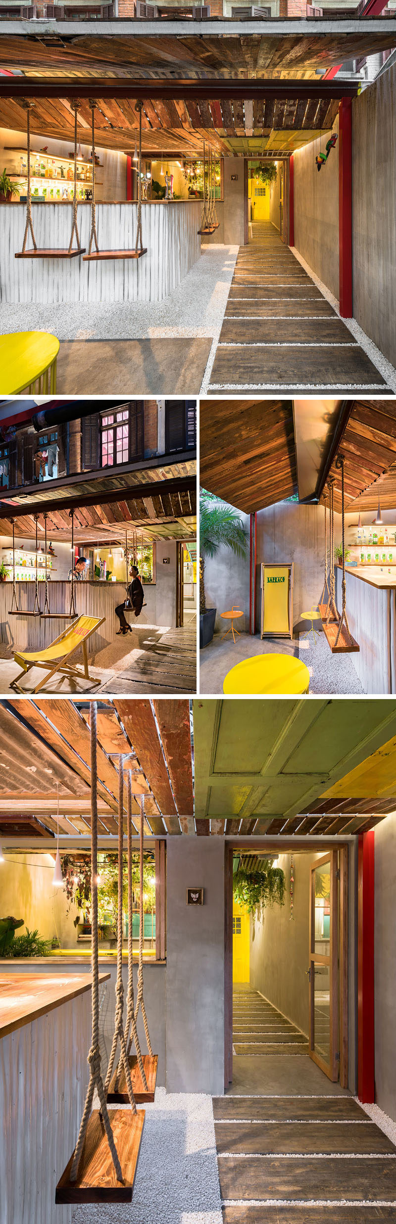 Q&A Architecture Design Research have designed Barraco, a new bar in Shanghai, China, that features recycled materials, swings and a hanging table. #BarDesign #InteriorDesign