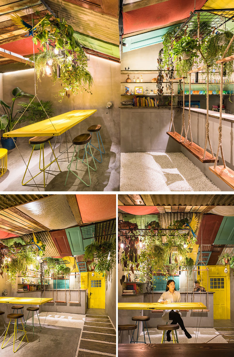 Q&A Architecture Design Research have designed Barraco, a new bar in Shanghai, China, that features recycled materials, swings and a hanging table. #BarDesign #InteriorDesign