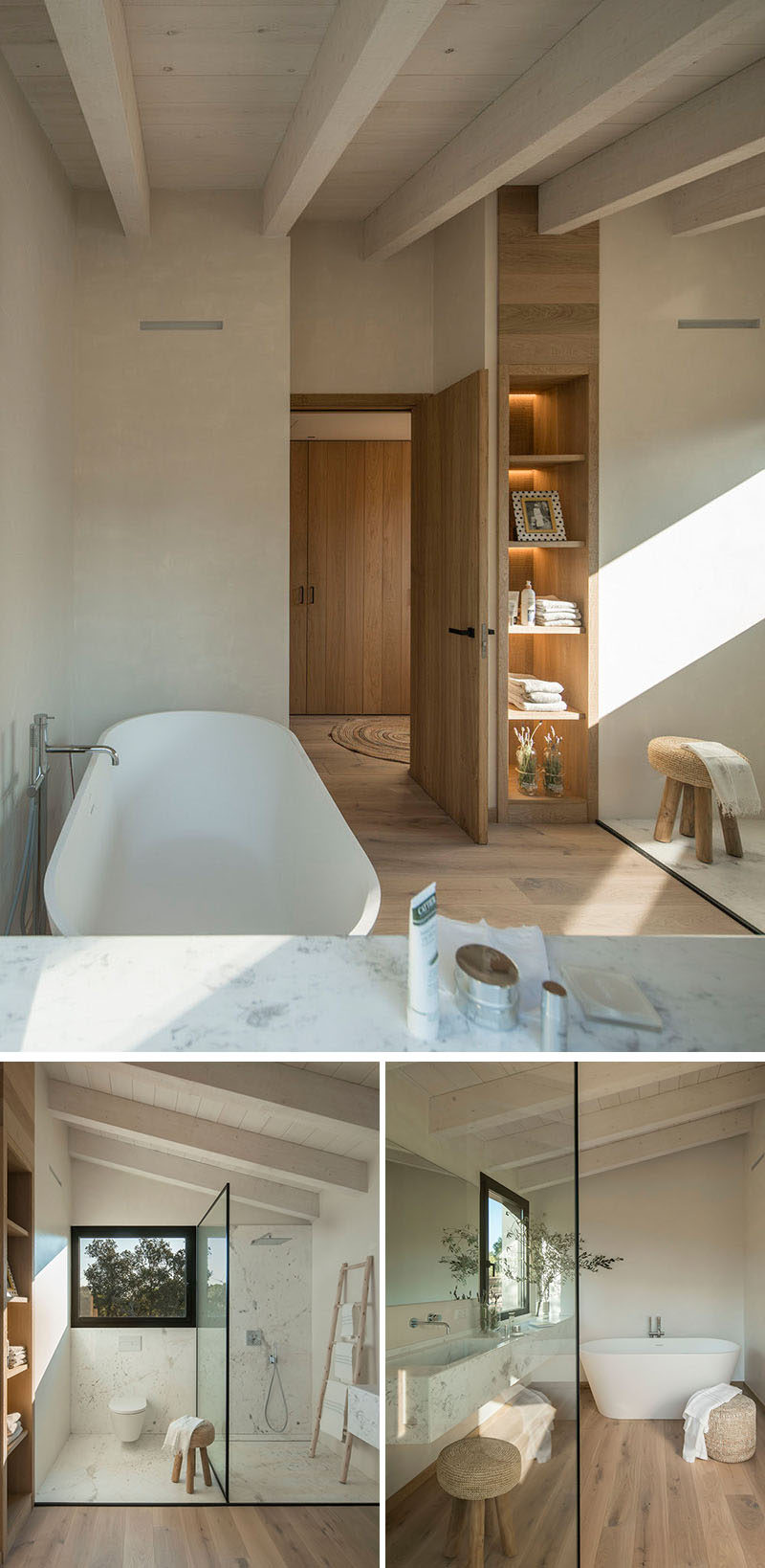 In this modern bathroom, built-in wood shelving with back-lighting provides a place to store bathroom items, while a freestanding bathtub sits against the wall. Opposite the bathtub is the toilet and shower that are separated by a glass shower screen, and next to the bathtub is a floating vanity. #ModernBathroom #BathroomDesign #WoodShelving