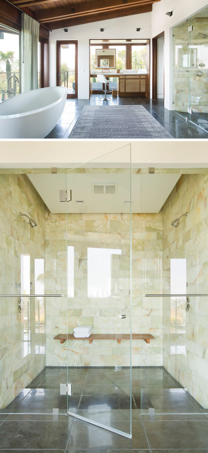 In this modern bathroom, there's a freestanding bathtub that sits in front of the windows, a make-up vanity and a large two-person walk-in shower with a wood bench. #TwoPersonShower #ModernBathroom