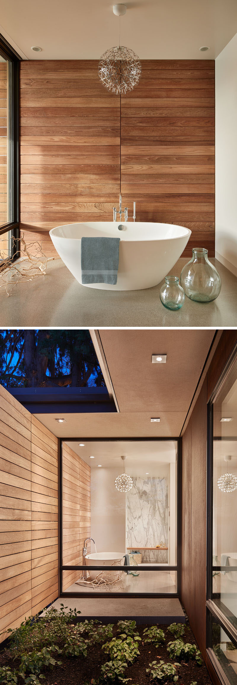 In this modern bathroom, there's a wood accent wall behind the freestanding bathtub, and floor-to-ceiling windows provide views of the garden outside. #ModernBathroom #WoodAccentWall #Windows