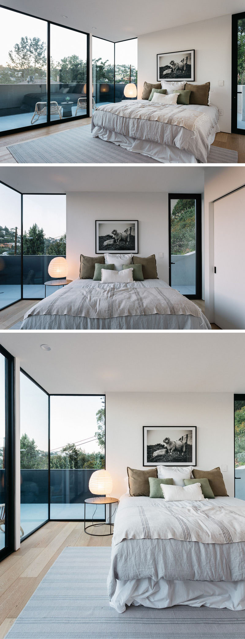 In this modern master bedroom there are floor-to-ceiling, black-framed windows that flood the room with light.  #ModernBedroom #Windows #MasterBedroom