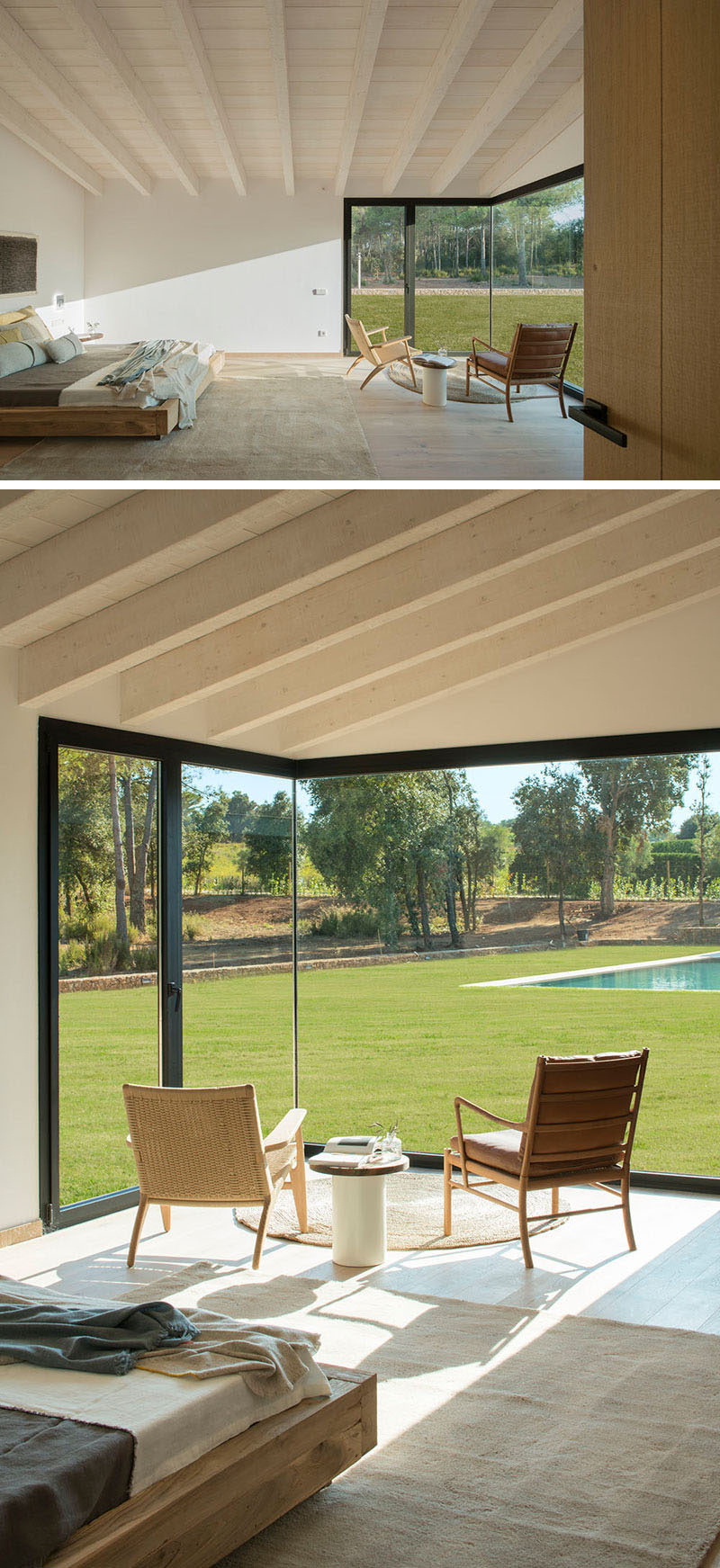 In this modern bedroom, simple furnishings help to create a sense of openness, while a sitting area has views of the backyard and swimming pool. A black-framed door gives the bedroom direct access to the outdoor spaces. #ModernBedroom #Windows #BedroomLayout