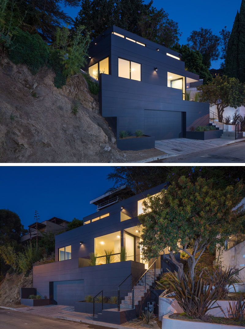 Aaron Neubert Architects have designed the Tilt-Shift House, a modern house that has a striking, bold black exterior and sits on a steep slope in the hills of Los Angeles. #BlackHouse #ModernHouse #Architecture