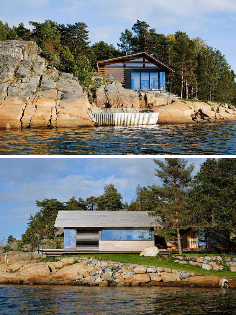 Lund+Slaatto Architects designed this modern cabin and a small annex that sits next to the water and on the edge of a rocky outcrop in Østfold, Norway. #ModernCabin #Architecture