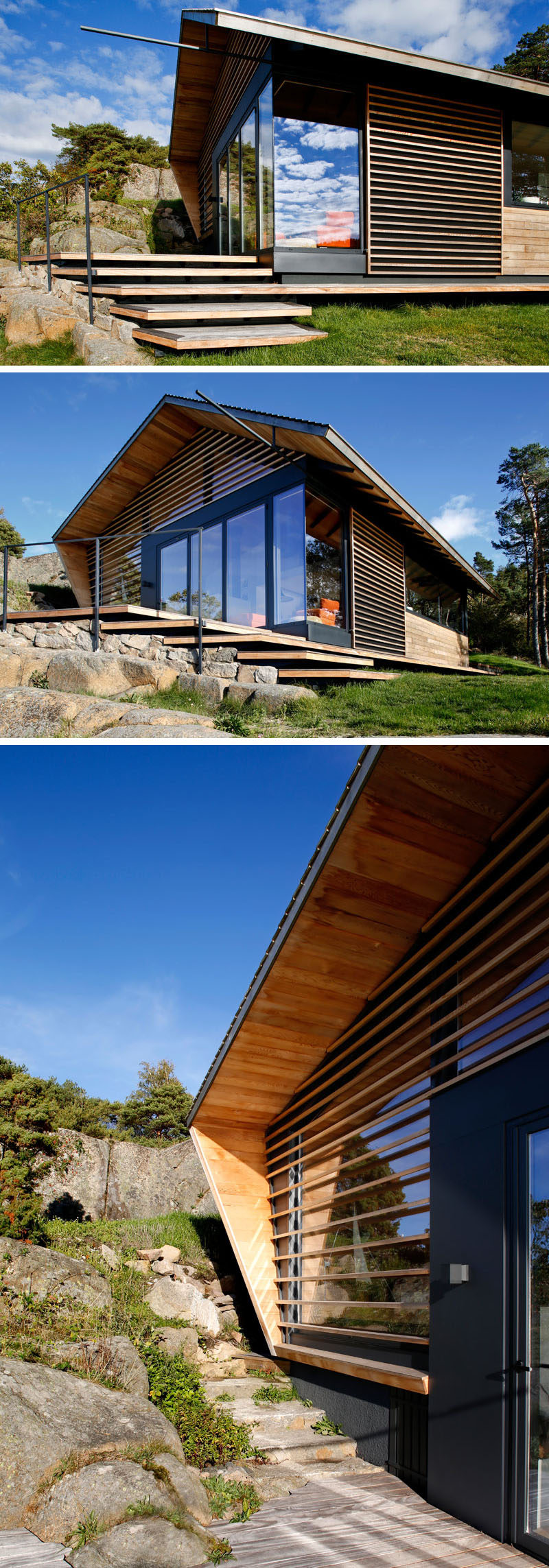 This modern cabin is clad with cedar timber, with some of the wood partially covering the windows, allowing sunlight to filter through to the interior. #ModernCabin #Architecture