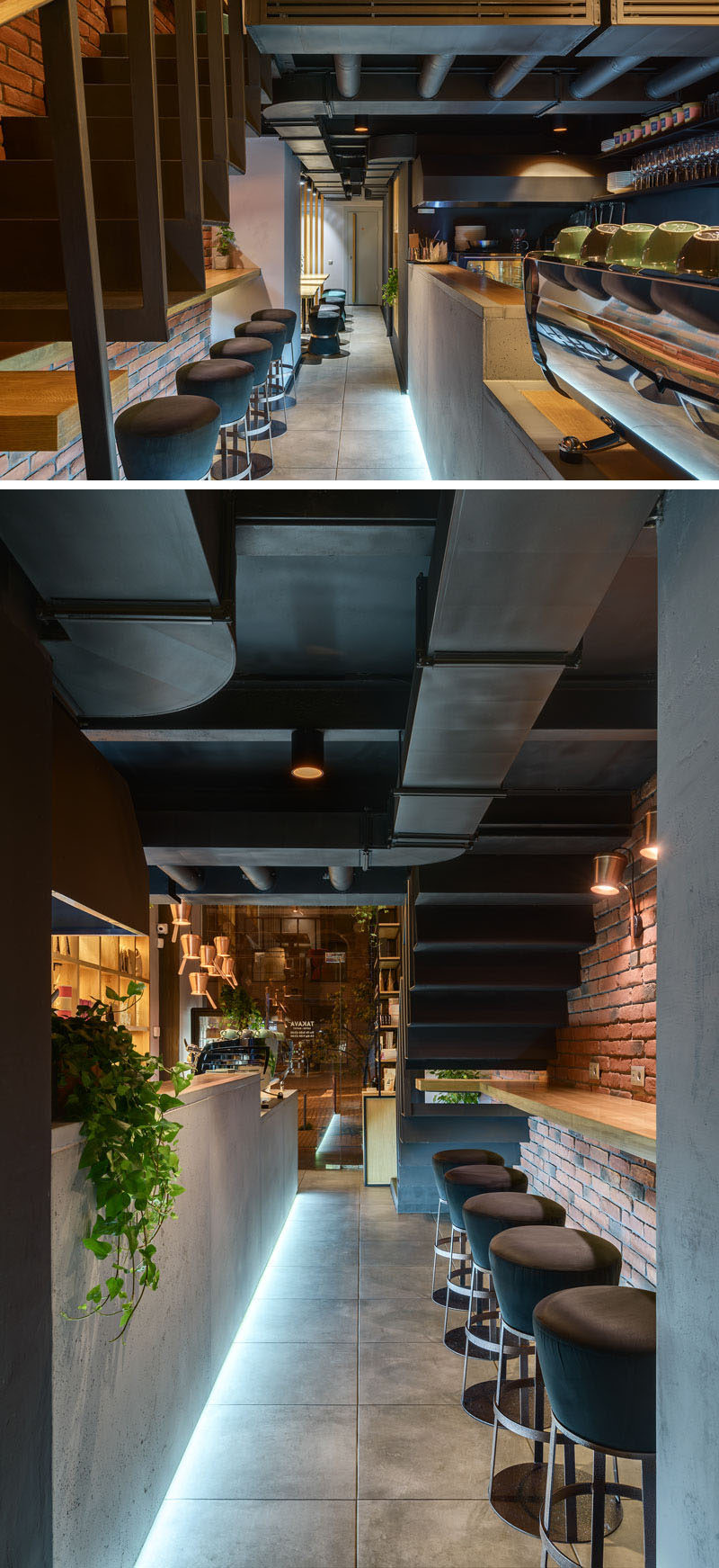 Located under the stairs in this modern coffee shop, is a small nook that's large enough for some bar seating. #BarSeating #CoffeeShop
