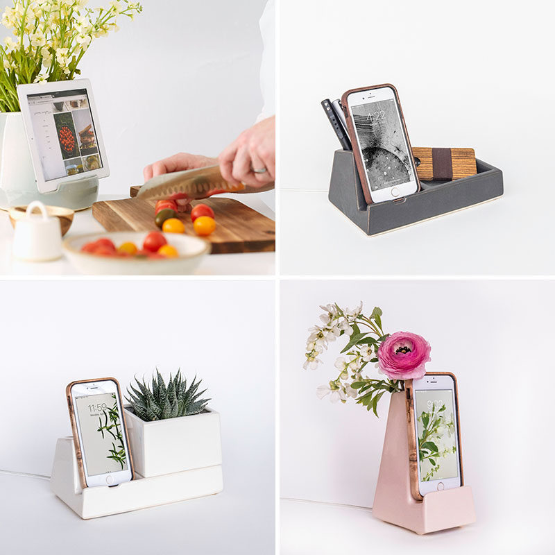 STAK Ceramics have designed a collection of multi-purpose phone and tablet holders that have containers, planters or vases as part of their design. #PhoneHolder #TabletHolder #HomeDecor #Design #PhoneDock