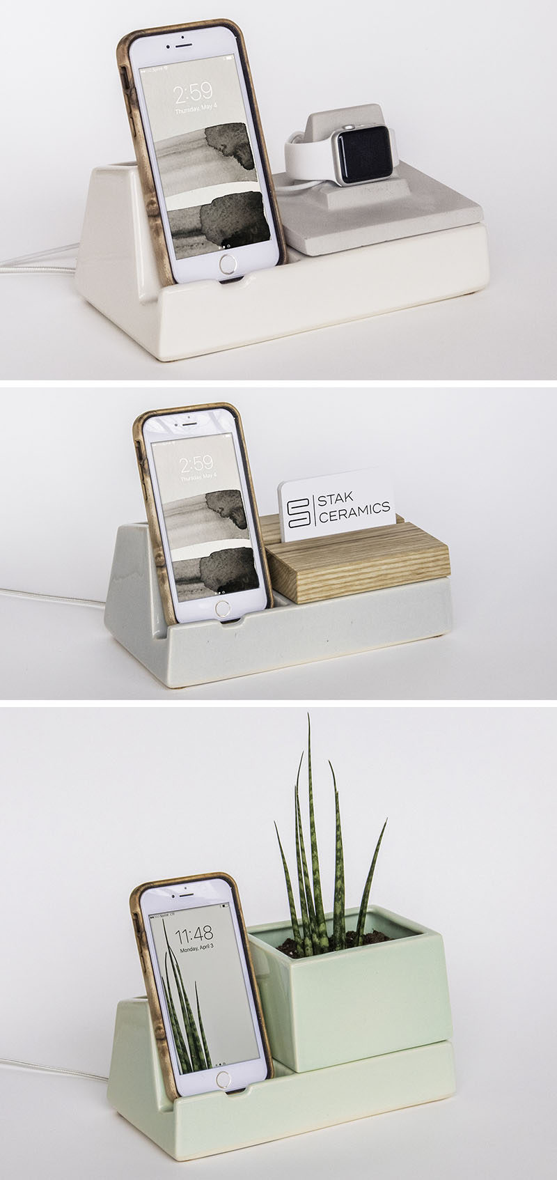 STAK Ceramics have designed a collection of multi-purpose phone and tablet holders that have containers, planters or vases as part of their design. #PhoneHolder #TabletHolder #HomeDecor #Design