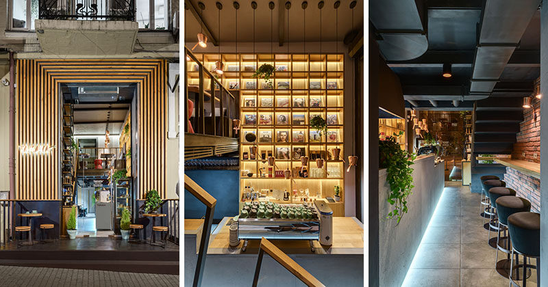 YUDIN Design have recently completed a TAKAVA, new coffee shop in Kiev, Ukraine, that features a warm wood facade with a view of the inside through large windows and an over-sized glass door. #ModernCoffeeShop #ModernCafe #WoodFacade