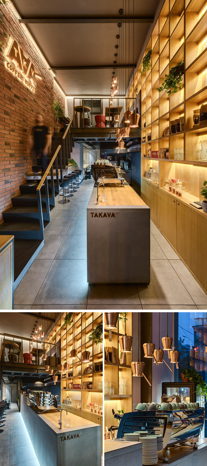 Stepping inside this modern coffee shop, there's a wall of shelving behind the bar that draws the eye upward to show off the height of the space. A long concrete and wood bar has custom pendant lights made from coffee pots. #ModernCoffeeShop #ModernCafe