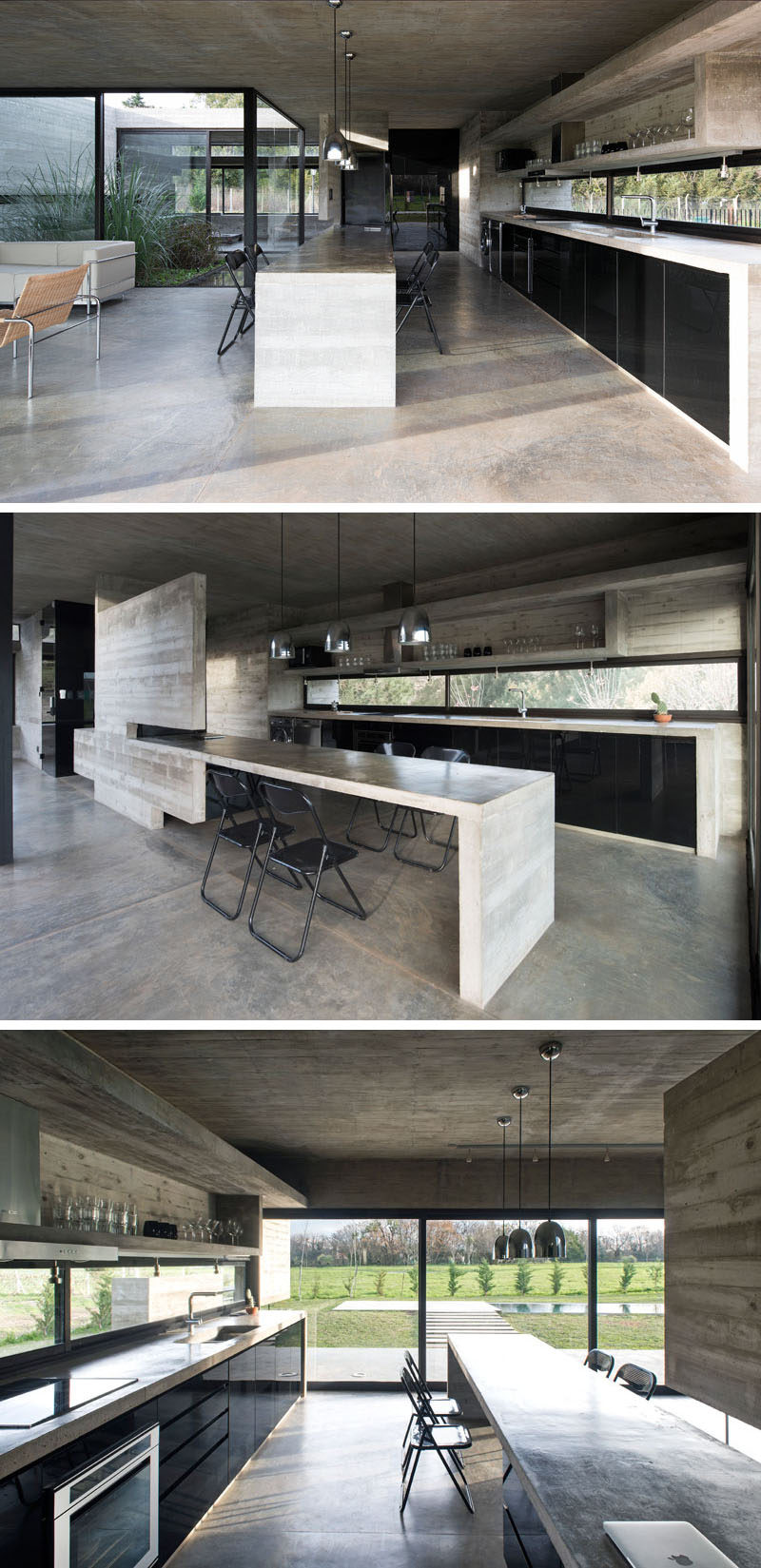 As concrete is the main material throughout this modern house, it has been used to create the concrete countertops, a large island a open shelving in the kitchen. Black cabinetry and dining chairs tie in with the black windows frames. #ConcreteKitchen #ConcreteCountertops #BlackCabinetry #KitchenDesign
