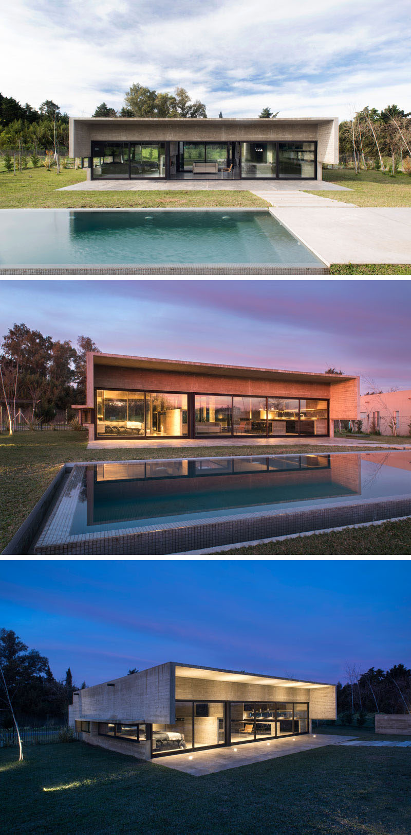 At the rear of this modern concrete house, the roof line extends out over a patio and provides some sun protection, while a path leads up to the swimming pool. A night, lighting shows off the design of the home and highlights the overhang. #ConcreteHouse #SwimmingPool #ModernHouse