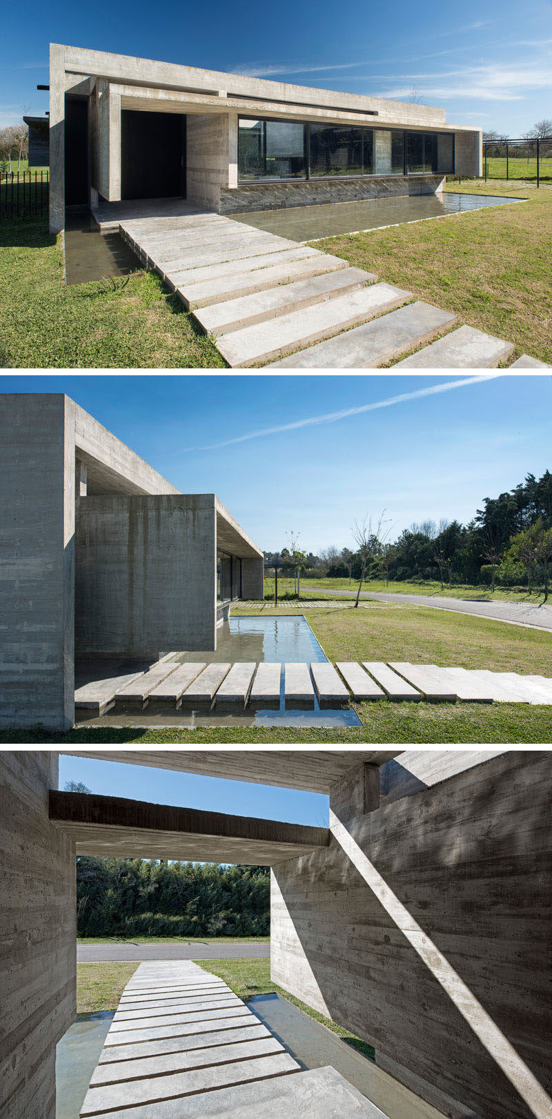 At the front of this modern concrete house, is a reflecting pool and windows that look out onto the street. Concrete pavers lead the way to the front door and are used to create a bridge over the water feature. #ConcreteHouse #ReflectingPool #LandscapeDesign