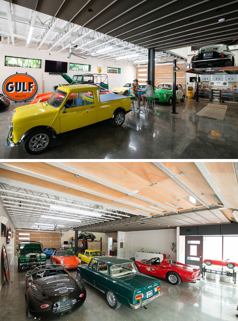 This house, named 'Autohaus', was designed for a car collectors and the garage, which makes up most of the ground level floor of the home is dedicated to this. There's a car lift and mechanical area, plenty of light and garage doors at each end. #CarGarage #Cars #Architcture #Garage