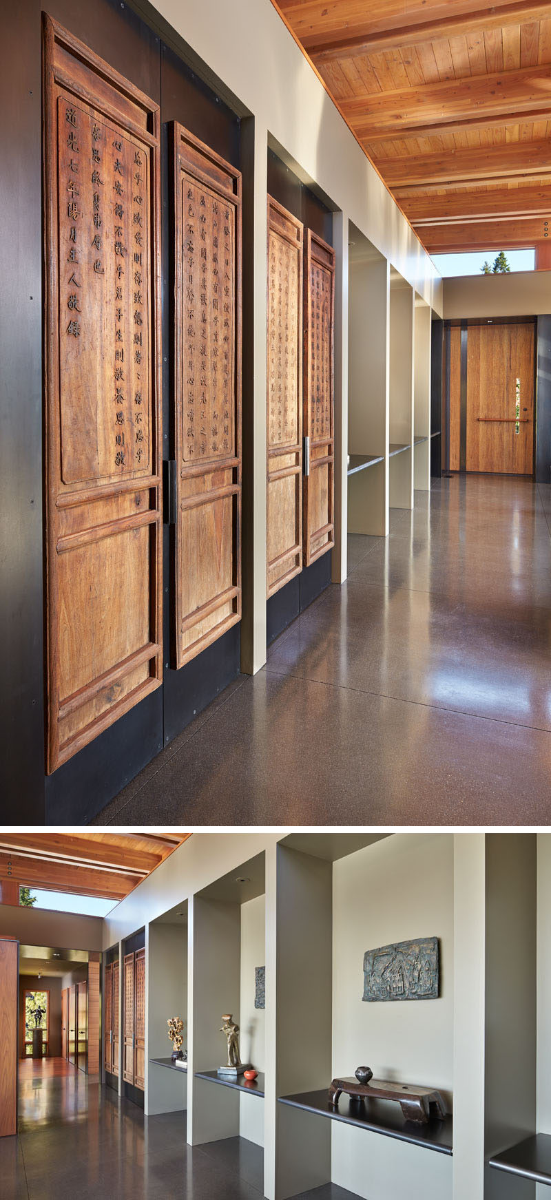 In this hallway, there's display shelving for the home owners art collection, and a set of antique Chinese wood panels have been inset into blackened-steel framing. #Hallway #InteriorDesign