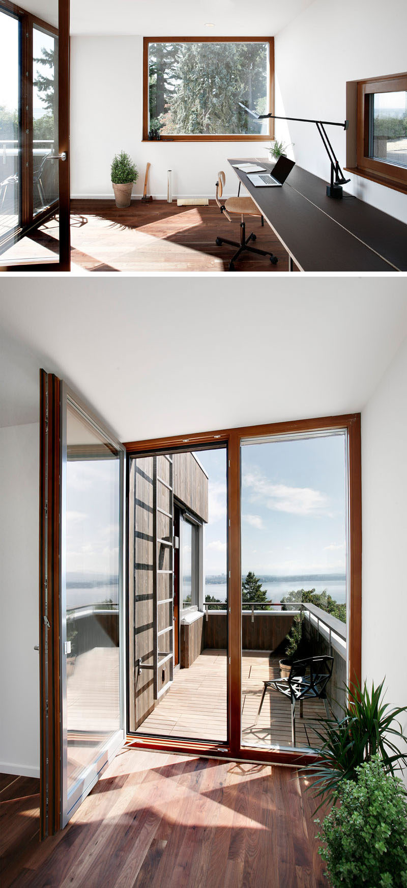 This modern and minimalist home office has a couple of windows with views of the trees and access to a small balcony. #HomeOffice #Balcony #Windows