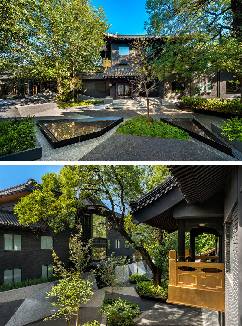 This modern Chinese hotel has a central garden area with angled water features and plenty of trees. #Garden #Landscaping #HotelDesign