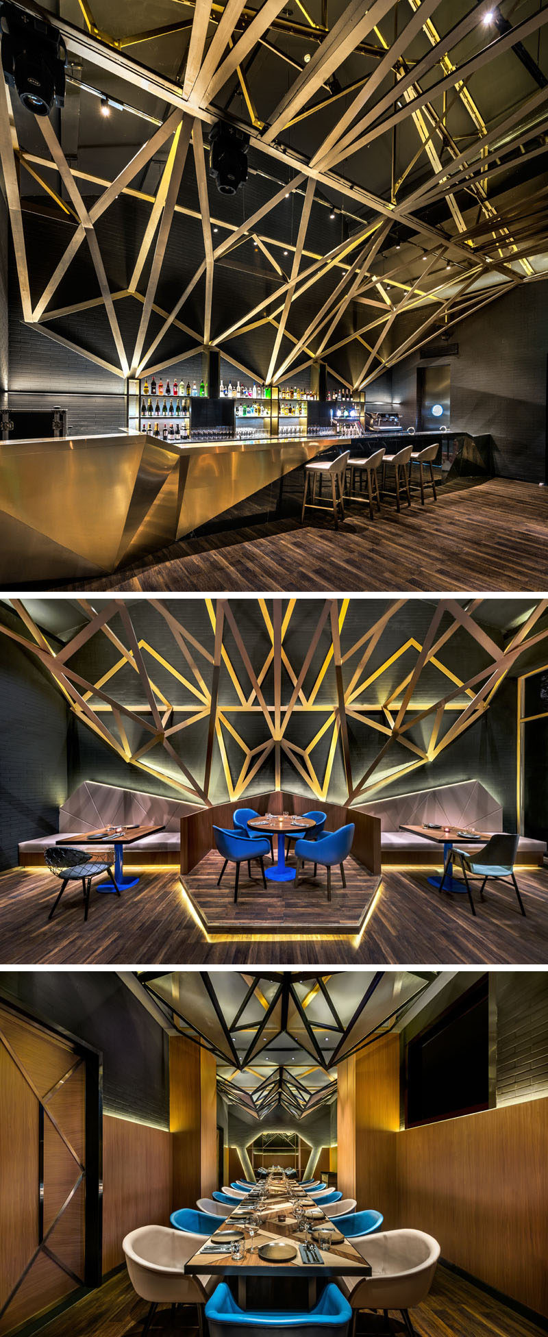 Inside this modern hotel restaurant, a dramatic high ceiling with exposed metal & wood trusses is lit up with hidden lighting, creating a striking appearance for guests of the hotel. #RestaurantDesign #Bar #InteriorDesign