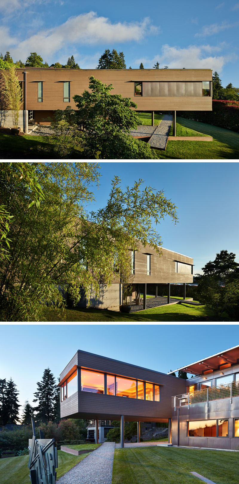 Dark-stained cedar siding and copper panels cover this modern house that has a cantilever and is nestled into a hillside on Mercer Island in Washington. #CedarSiding #CopperPanels #ModernHouse