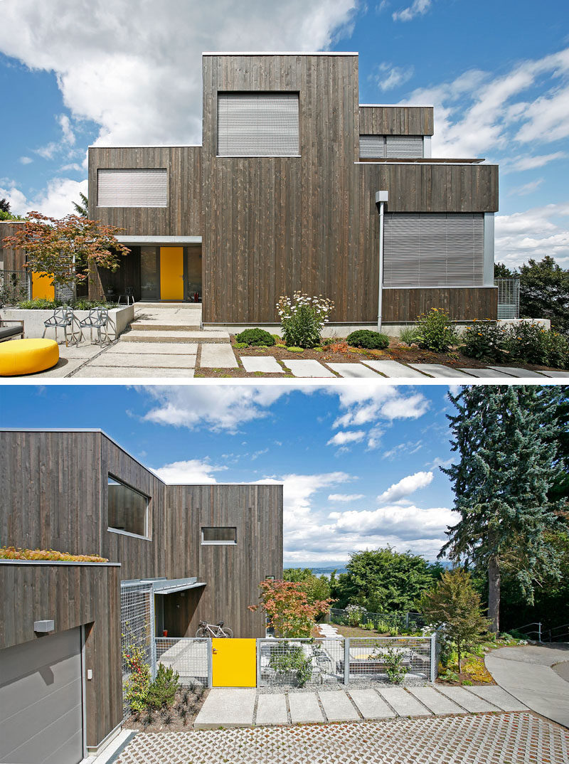 This modern house has shutters that block out unwanted solar gains in the warmer months, making a cooling system unnecessary. #ModernHouse #ModernShutters #Windows #Architecture