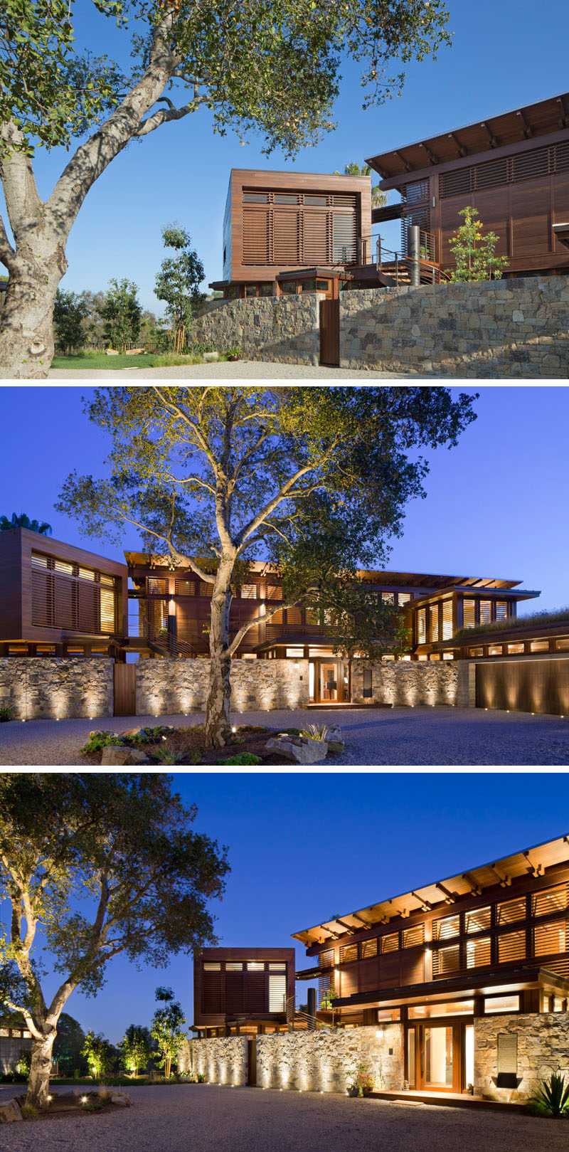 Upon arriving at this modern house, you are greeted by a circular driveway with a central highlighted tree and a stone wall. #ModernHouse #Uplighting #LandscapeDesign