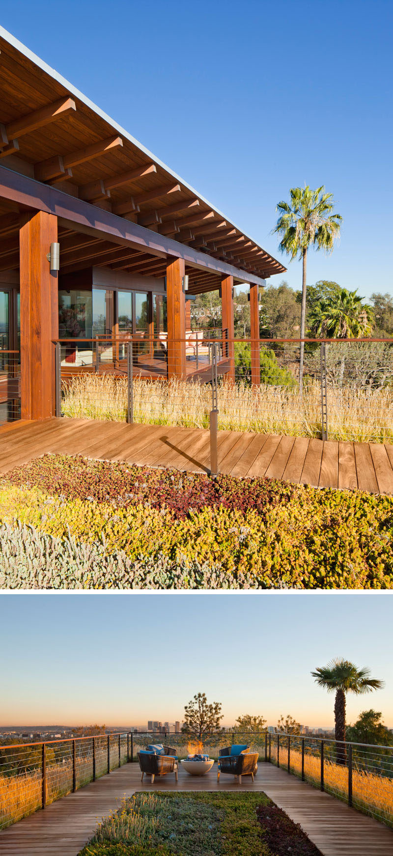 This modern house has a green roof where there's a small deck set up with lounge chairs and a firebowl, that overlooks the neighborhood. #GreenRoof #RooftopDeck #FireBowl