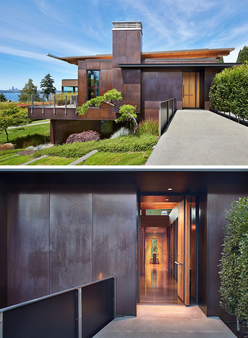 Dark-Stained Cedar Siding And Copper Panels Cover The Exterior Of This