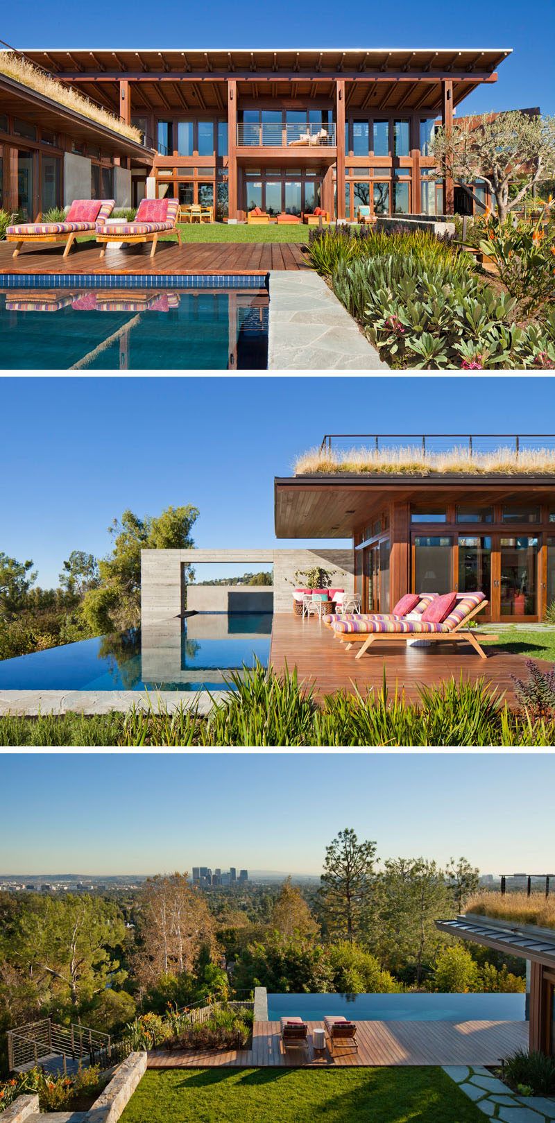 This modern house has wood framed doors that open the main living area to the backyard, where there's a lawn, a wood deck and a swimming pool, all with views of Los Angeles and the Pacific Ocean beyond. #Backyard #Architecture #SwimmingPool