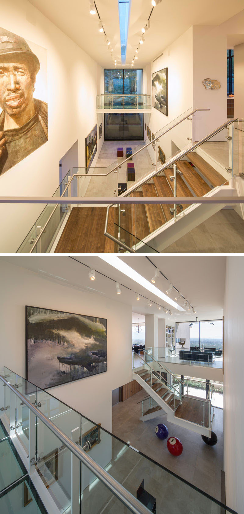 A wood staircase with glass and steel handrails leads from a private art gallery to the upper floor of this modern house. #Stairs #StairDesign #Staircase