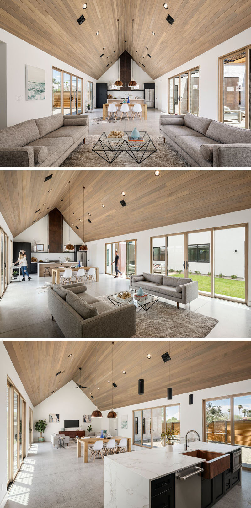 Inside this modernhouse, a large vaulted, tongue and groove hemlock ceiling stands out from the white walls, while the open and spacious room is home to the living room, dining area and kitchen. #ModernInterior #VaultedCeiling #GreatRoom