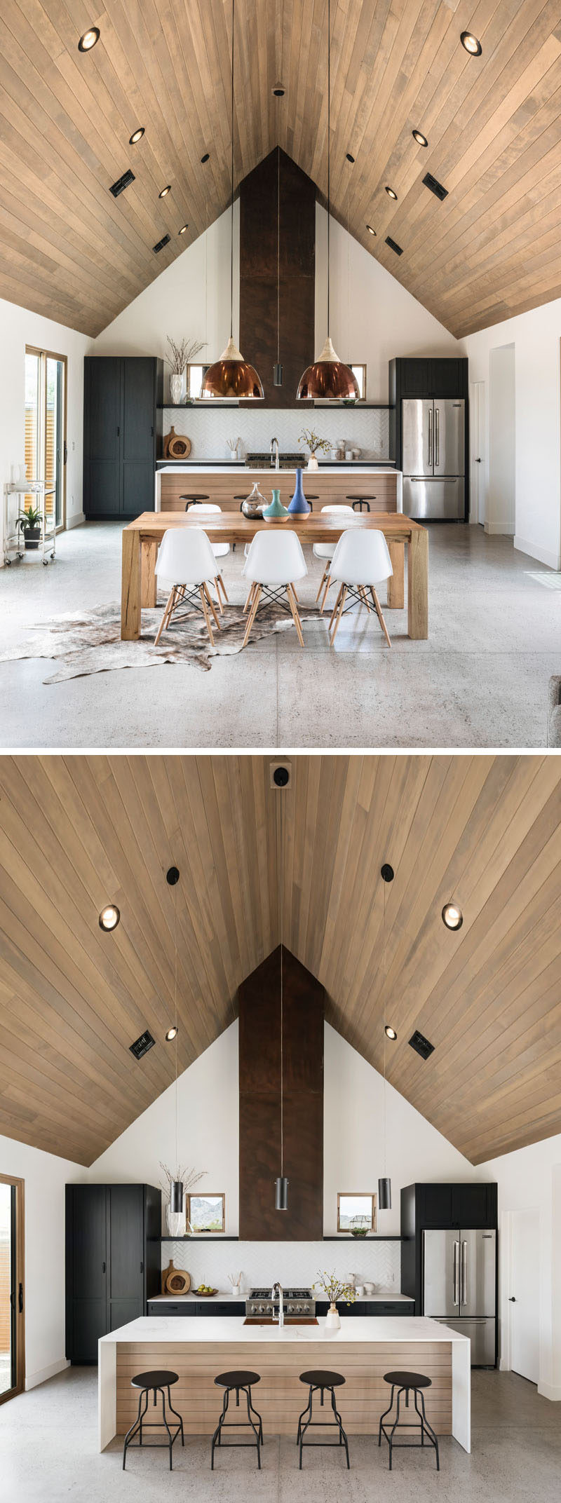 This modern house interior has a dining table that's perfectly positioned in front of the kitchen island and has a view of the rusted steel clad hood that draws your eye up to the ceiling. The kitchen has super durable Dekton countertops, hand-made Fireclay ceramic tiles in a herringbone pattern, and a copper farmhouse sink. 