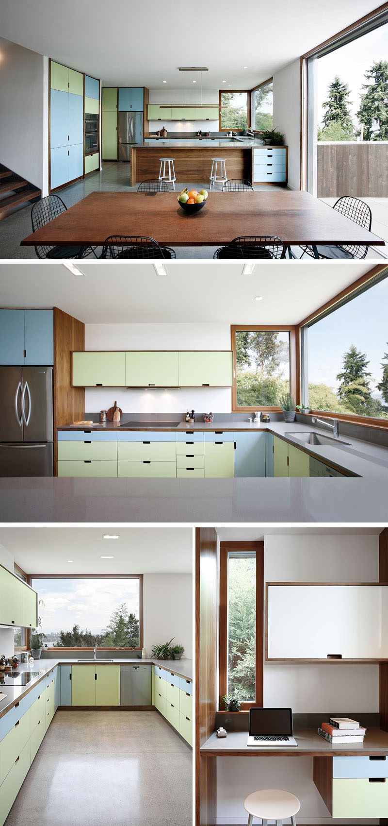 Color has been added to the interior of this modern house, like in the kitchen, where the designers used pastel blue and green cabinet fronts that compliment the wood cabinetry and window frames. #ColorfulKitchen #KitchenDesign